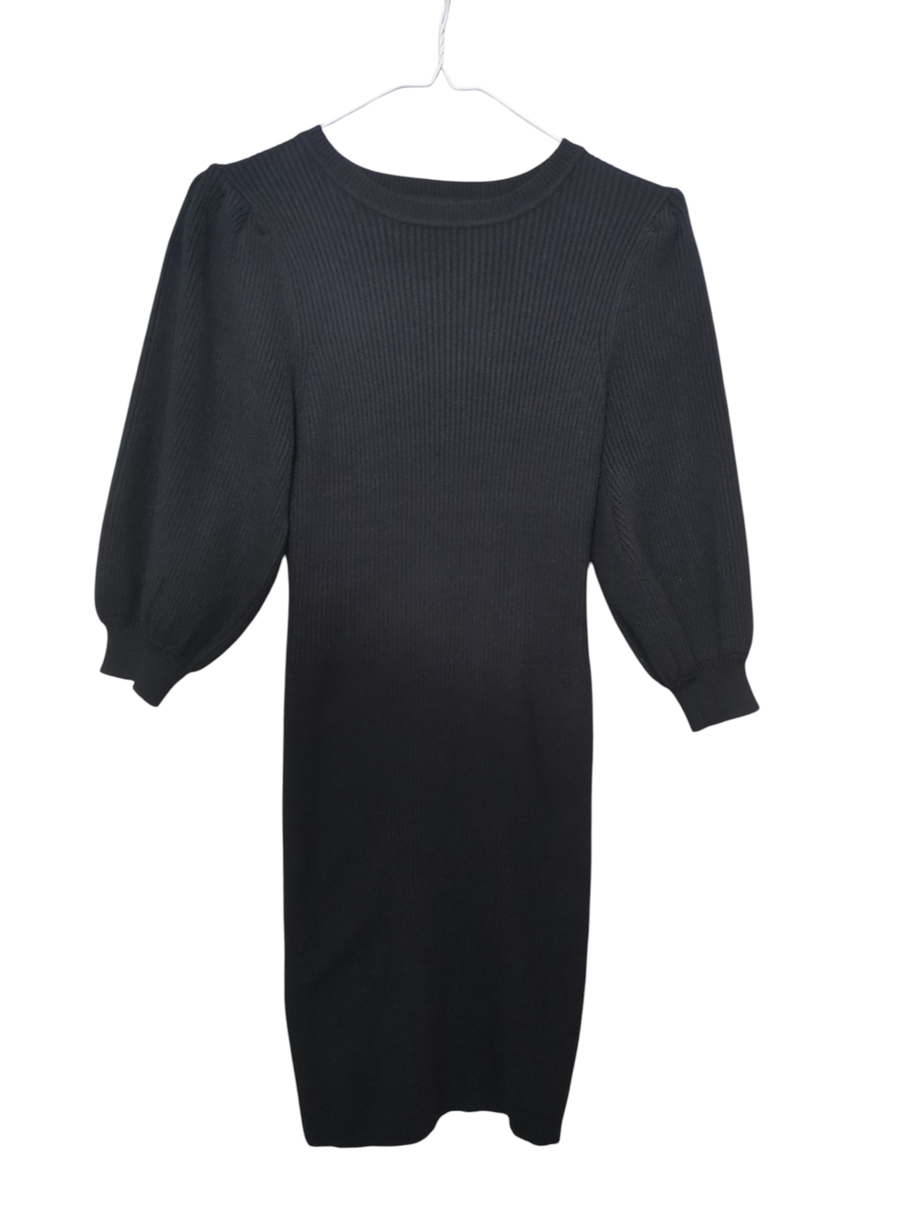 Black Puff-Sleeve Ribbed Midi Dress